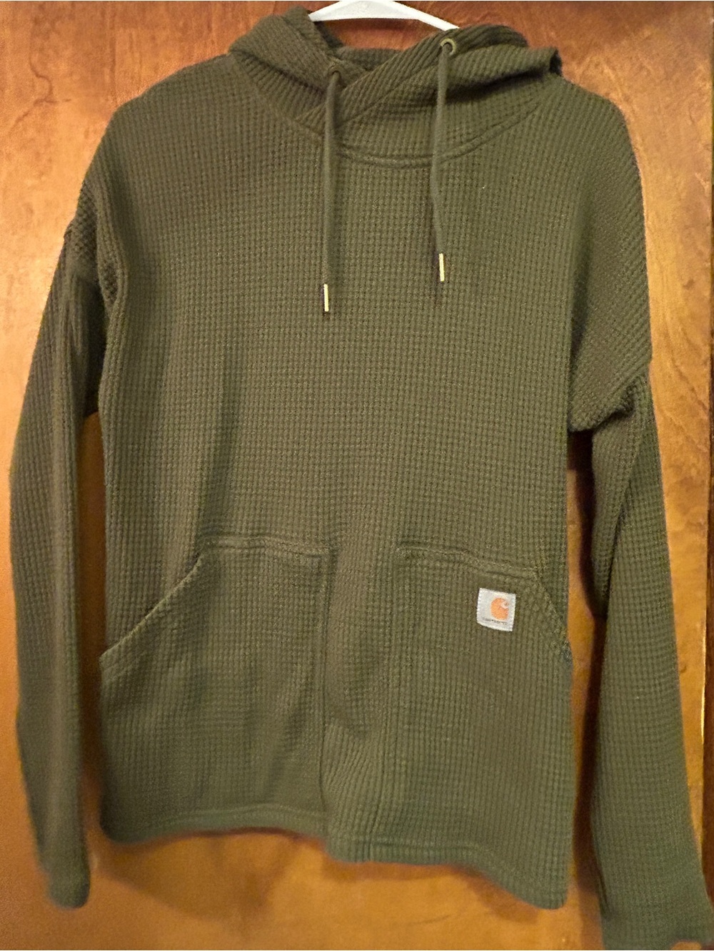 Women’s Carhartt Green Waffle Knit Drawstring Hooded Top Size Small - Picture 3 of 6